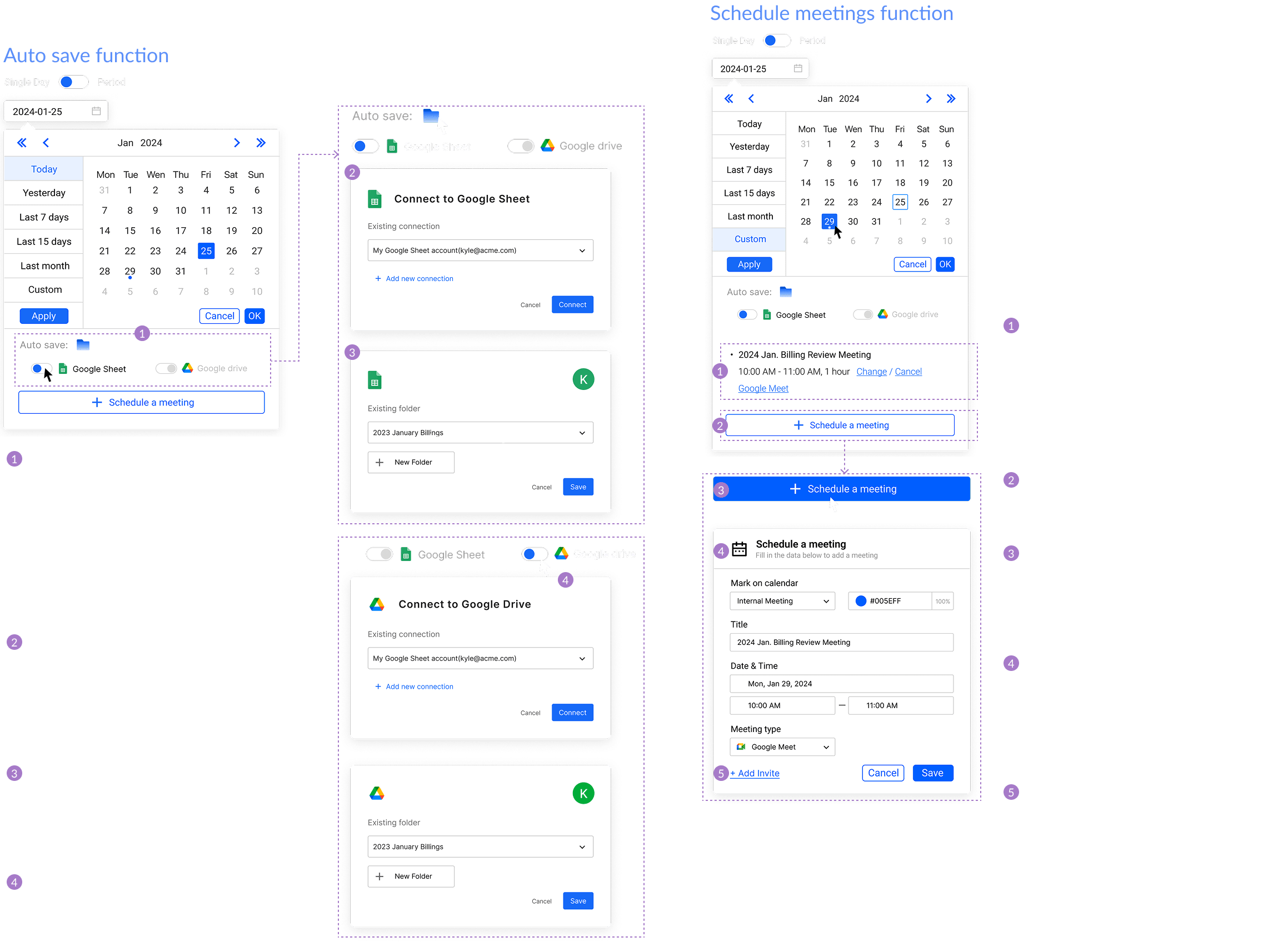 Schedule meetings · auto save · auto export to Google Sheets