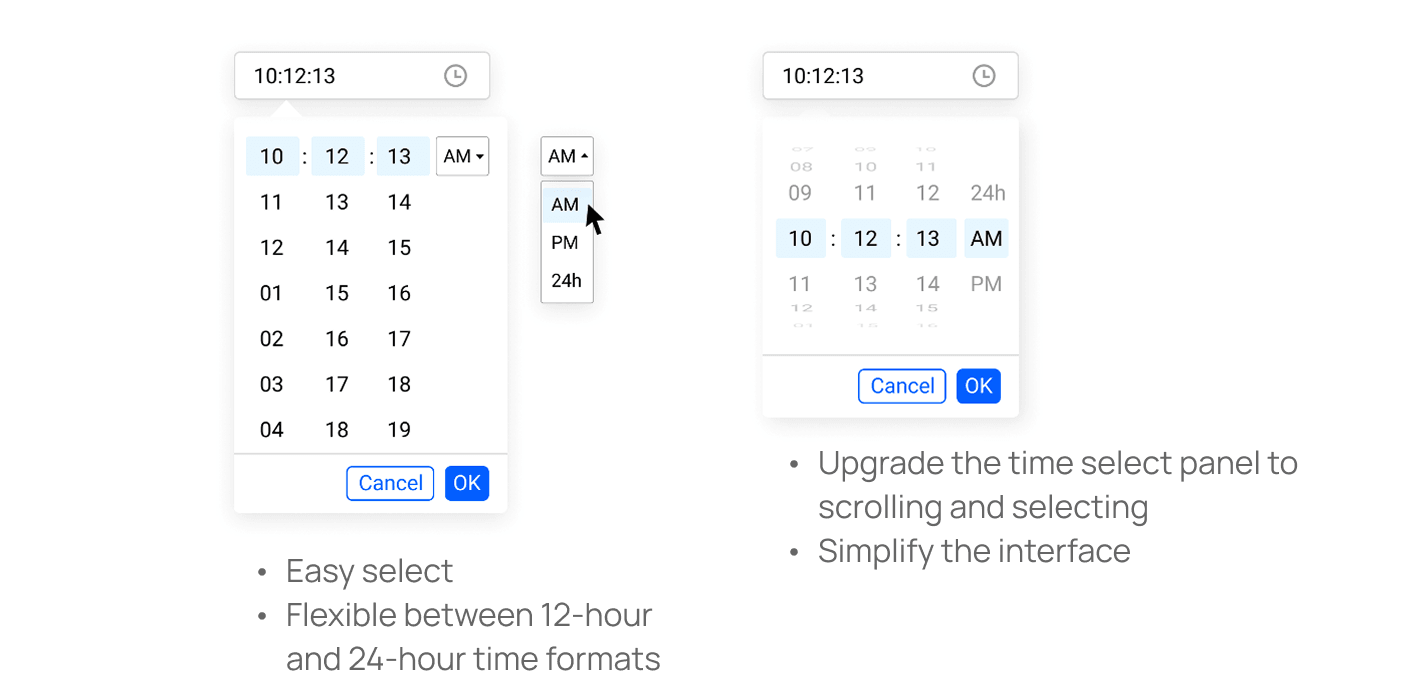 Upgraded scrolling and selecting time panel — flexible between 12-hour and 24-hour formats